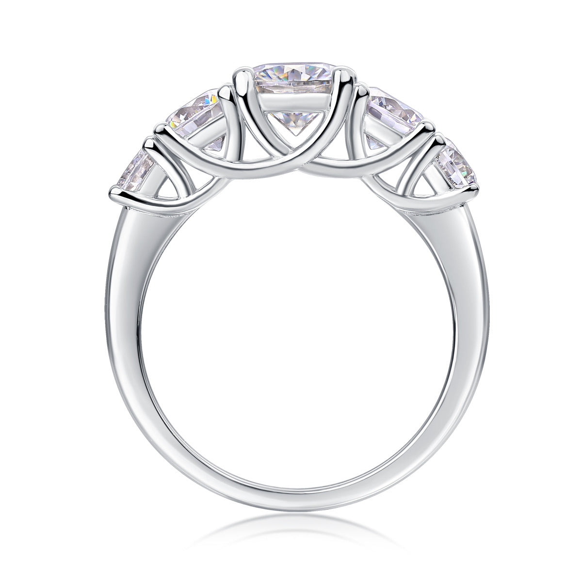 Woman wearing five-stone moissanite silver ring

