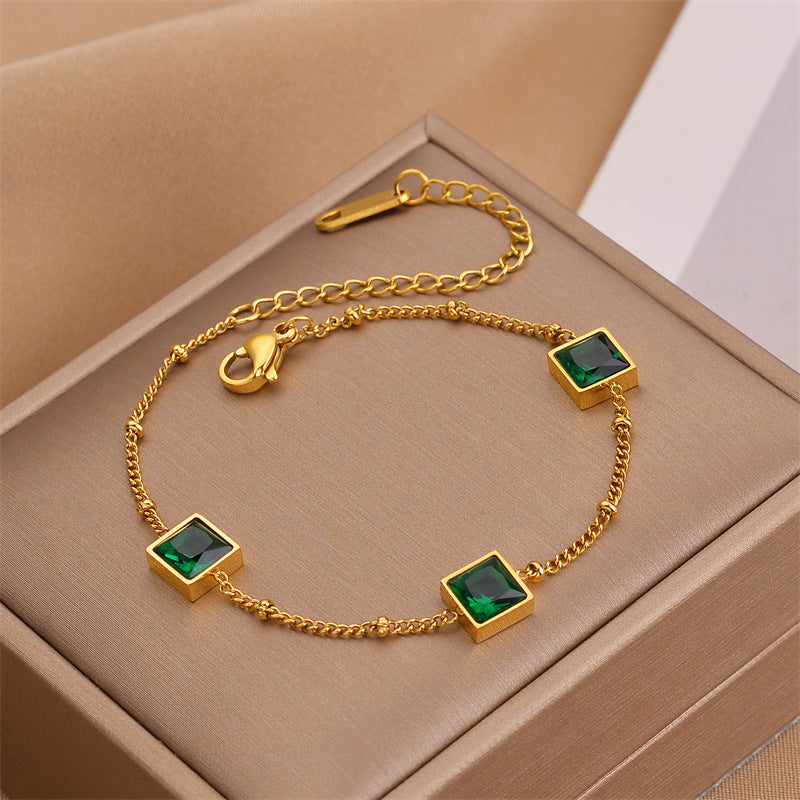 Square emerald zircon bracelet gold-plated titanium