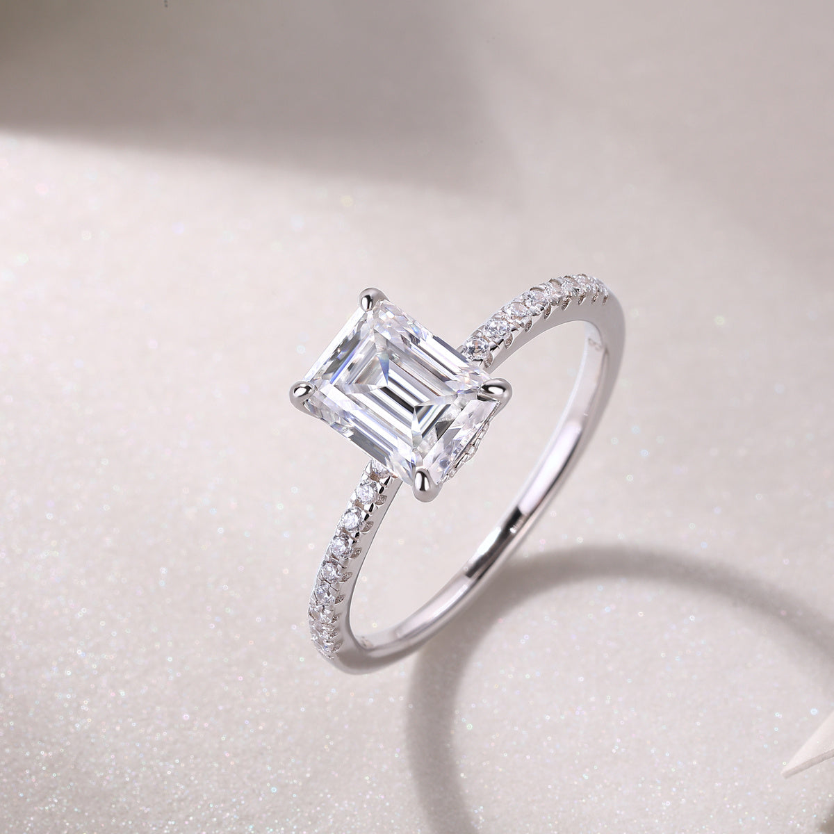 Vintage-inspired emerald-cut moissanite ring bridal
