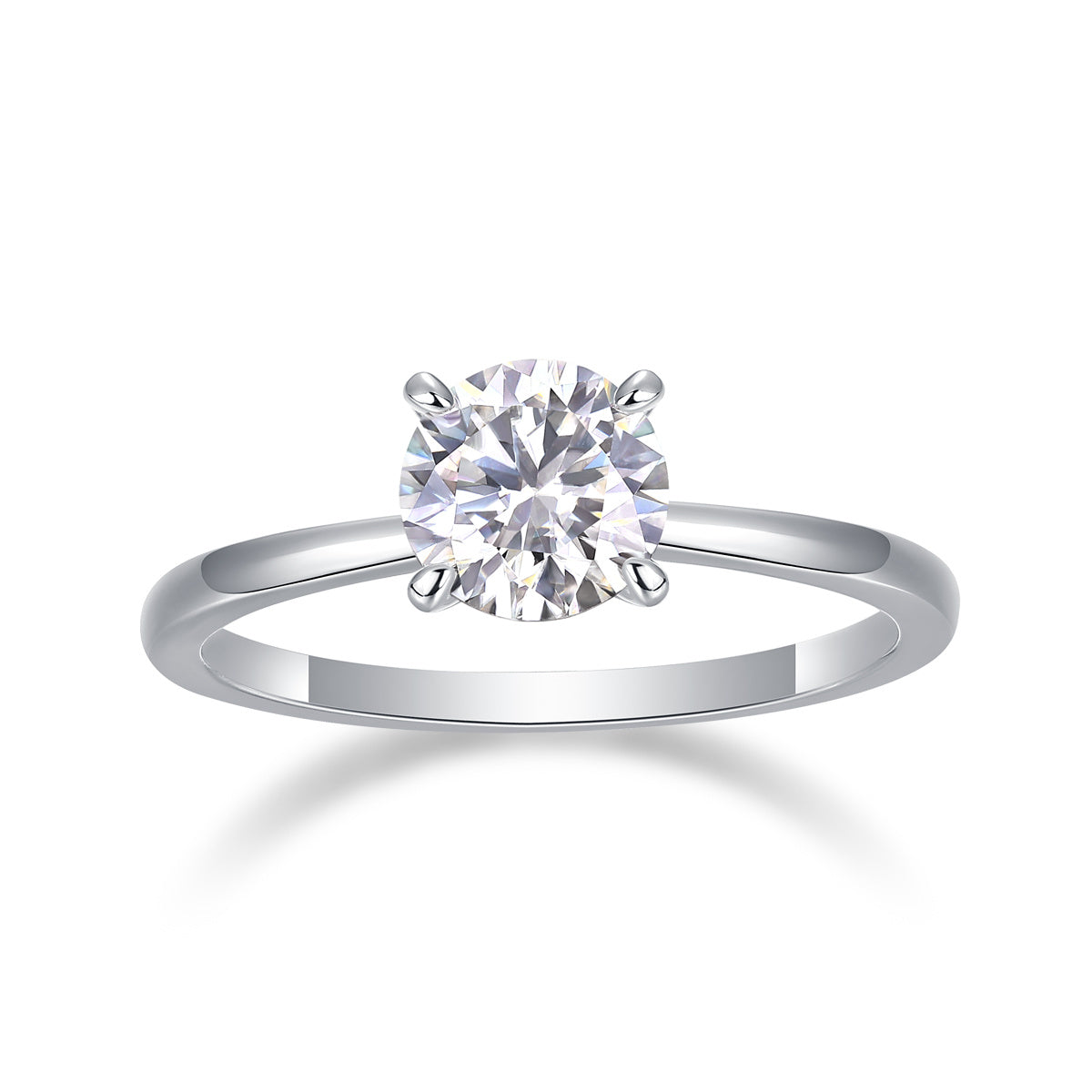 Moissanite solitaire ring four-prong setting close-up