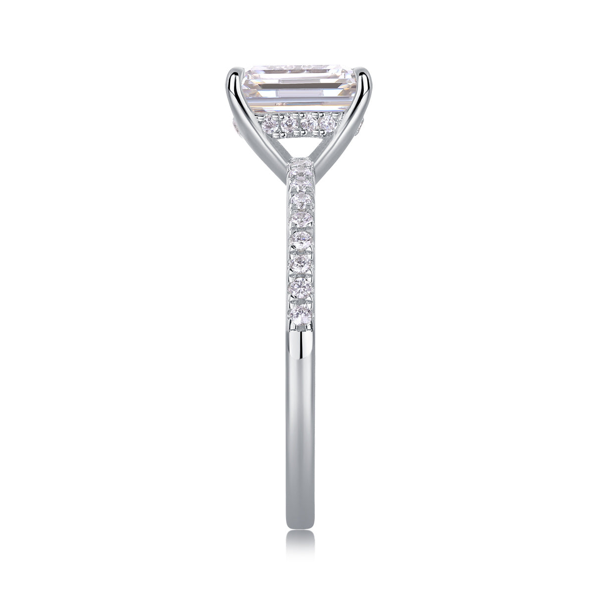 Luxury emerald-cut moissanite engagement ring close-up
