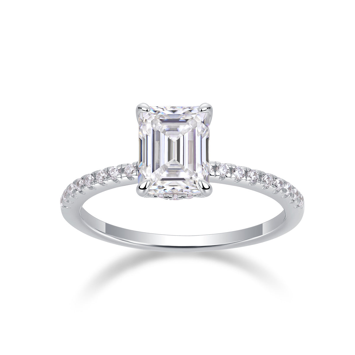 Emerald-cut moissanite ring accent stones detail
