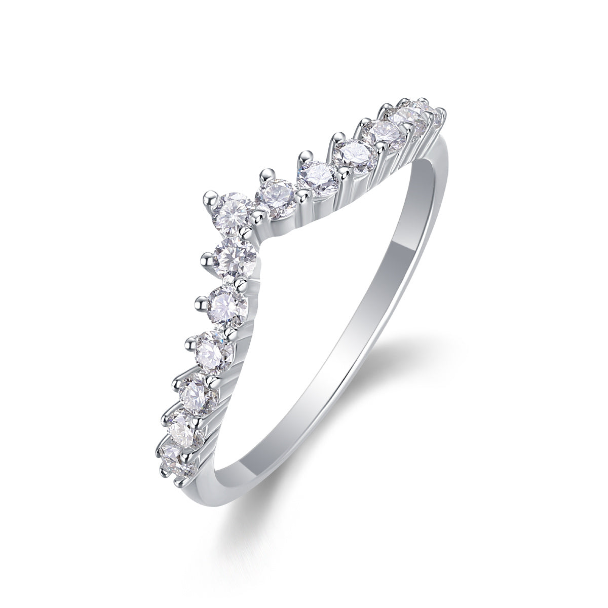 Woman wearing crown-shaped moissanite wedding band
