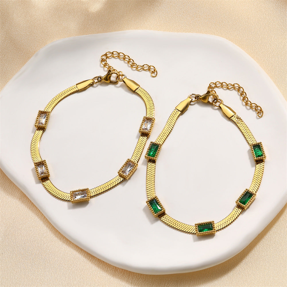 Emerald-cut zircon bracelet 18K gold-plated green white
