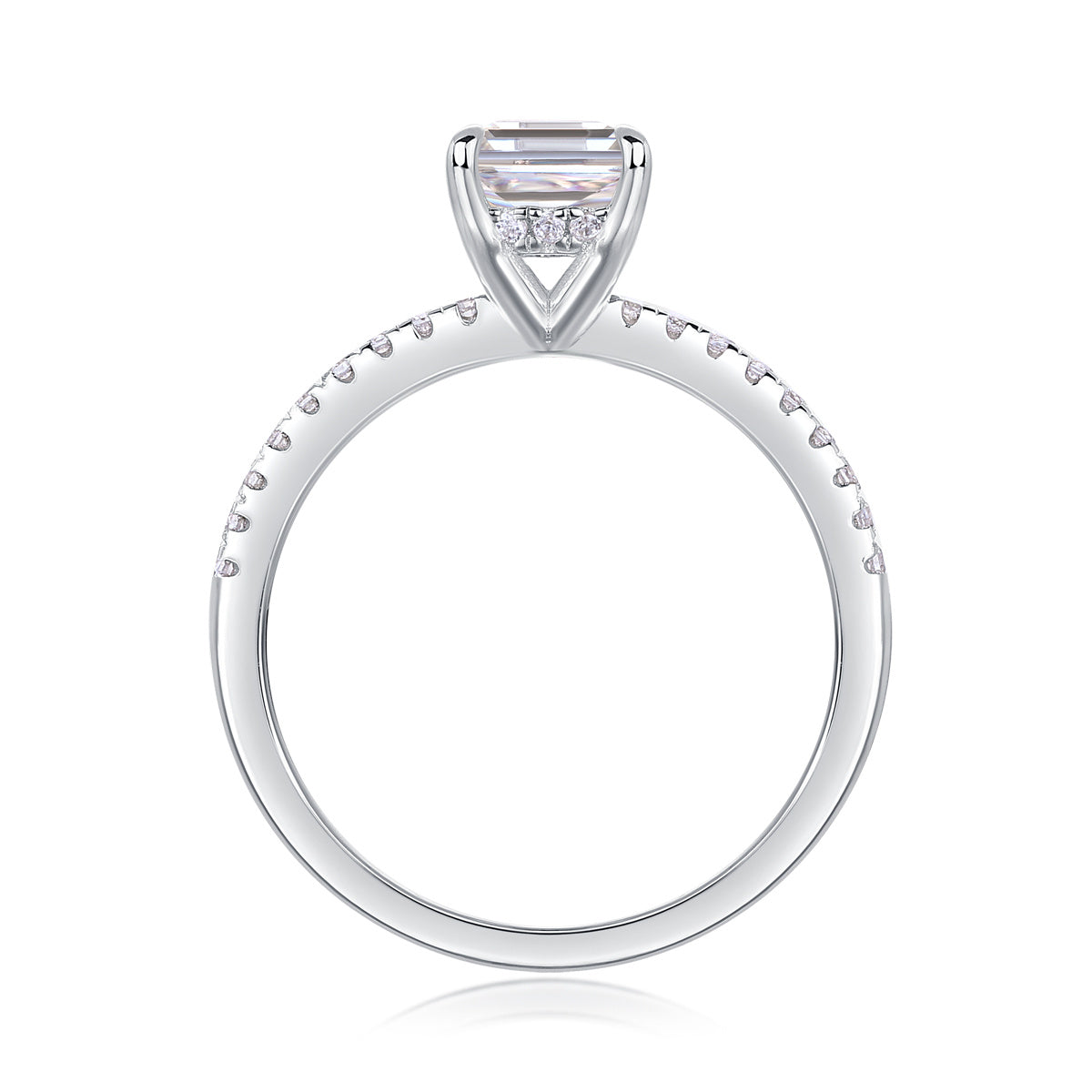 Woman wearing emerald-cut moissanite silver ring
